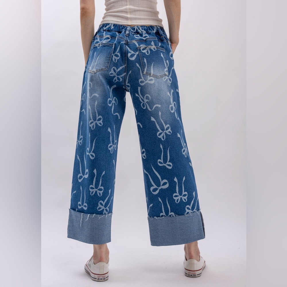 Blue Velvet Bow-Print Wide Leg Jeans - Picture 3 of 5